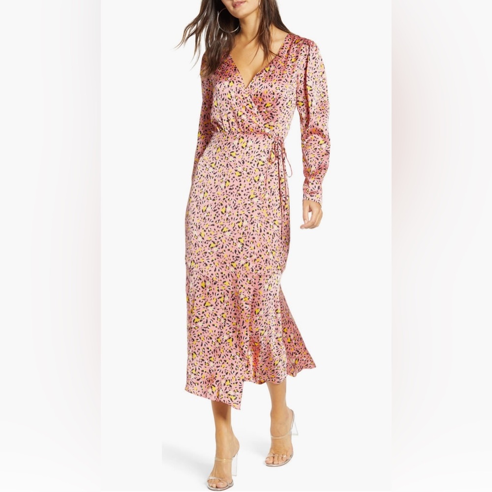 Leith Pink Leopard Print Long Sleeve Satin Midi Wrap Dress